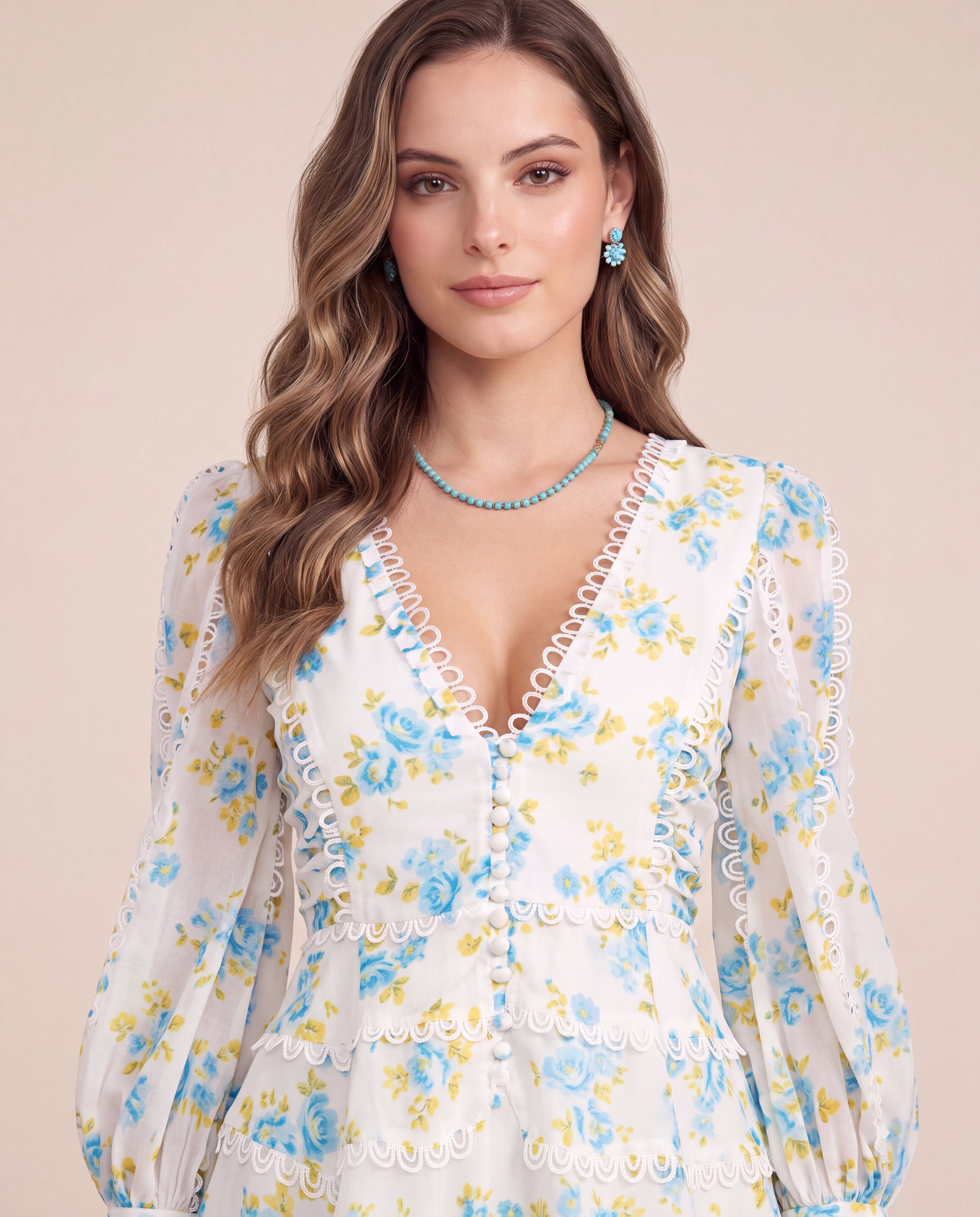 Capri Mavi Çiçekli Fisto Dantelli Mini Elbise